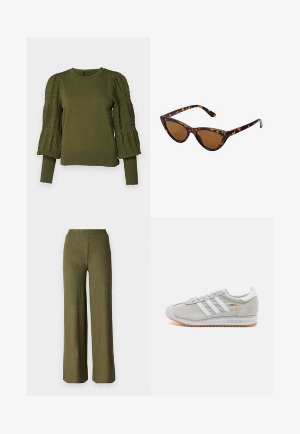 ONLY ONLMELITA O NECK - Pullover - winter moss; Pantalons larges côtelés en vert olive avec une texture douce et une taille élastique. Ils présentent une coupe droite et une longueur longue.; Basket en cuir suédé et mesh gris clair, avec trois bandes blanches, bout rond et semelle en caoutchouc naturel. Accent logo doré près des lacets.; Lunettes de soleil style œil de chat avec une monture en écaille de tortue noire et orange, verres marron et pointes effilées et élégantes. Présente un logo minimaliste sur la branche.
