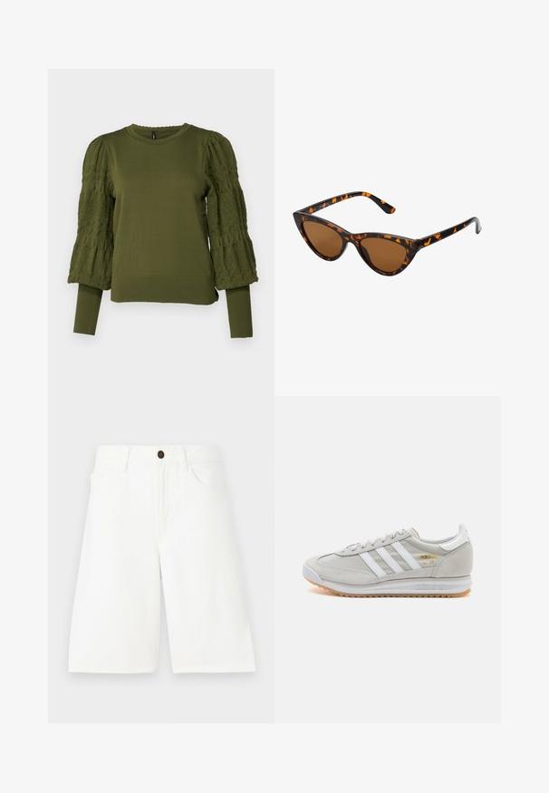 ONLY ONLMELITA O NECK - Neule - winter moss; Valkoiset farkkushortsit suoralla leikkauksella, viiden taskun suunnittelulla, edessä olevan napin sulkemisella ja hienovaraisilla ompeluyksityiskohdilla. Sileä pinta.; Vaaleanharmaat sneakerit, jotka on valmistettu mokasta ja verkosta, sisältäen kolme valkoista raitaa, pyöreän kärjen ja kumisen pohjan. Kultainen logo yksityiskohta nauhojen läheisyydessä.; Kattöga solglasögon med en svart och orange sköldpaddsmönstrad båge, bruna linser och slanka, spetsiga spetsar. Har en minimal logotyp på skalmen.