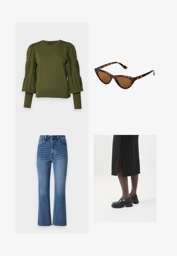 ONLY ONLMELITA O NECK - Jersey de punto - winter moss; Jeans acampanados de denim azul claro con cintura alta, cinco bolsillos y un ligero desvanecimiento. Presenta costuras doradas y un cierre con botón.; Zapatos de piel negra con punta redondeada, tacón grueso y bloque, y acentos elásticos en los laterales, combinados con unos pantys oscuros y una falda negra con una abertura.; Gafas de sol estilo ojo de gato con montura de carey negra y naranja, lentes marrones y puntas elegantes y afiladas. Presenta un logo minimalista en la patilla.
