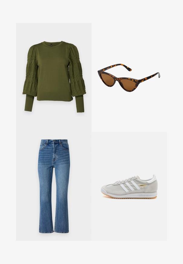 ONLY ONLMELITA O NECK - Trui - winter moss; Lichtblauwe spijkerbroeken met uitlopende pijpen en een hoge taille, vijf zakken en subtiele vervaging. Ze hebben gouden stiksels en een knoopsluiting.; Lichtgrijze sneaker van suede en mesh, met drie witte strepen, ronde neus en een gumrubberen zool. Gouden logo-accent bij de veters.; Cat-eye zonnebril met een zwart en oranje schildpadframe, bruine lenzen en slanke, puntige uiteinden. Bevat een minimalistisch logo op de poot.