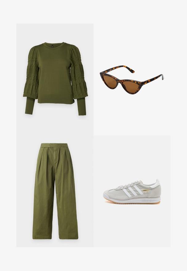 ONLY ONLMELITA O NECK - Džemperis - winter moss; Olīvu zaļas plašas bikses, izgatavotas no viegla auduma, ar izgriezumiem jostas vietā un bez šuvēm, bez kabatām.; Gaišpelēka kedas, izgatavotas no zamša un sieta, ar trim baltām svītrām, apaļu purngalu un gumijas zoli. Zelta logo akcenta detaļa blakus auklām.; Kaķa acs saulesbrilles ar melnu un oranžu bruņurupuču rakstu rāmi, brūnām lēcām un elegantiem, norādītiem galiem. Rāmī ir minimālists logos uz tempļa.