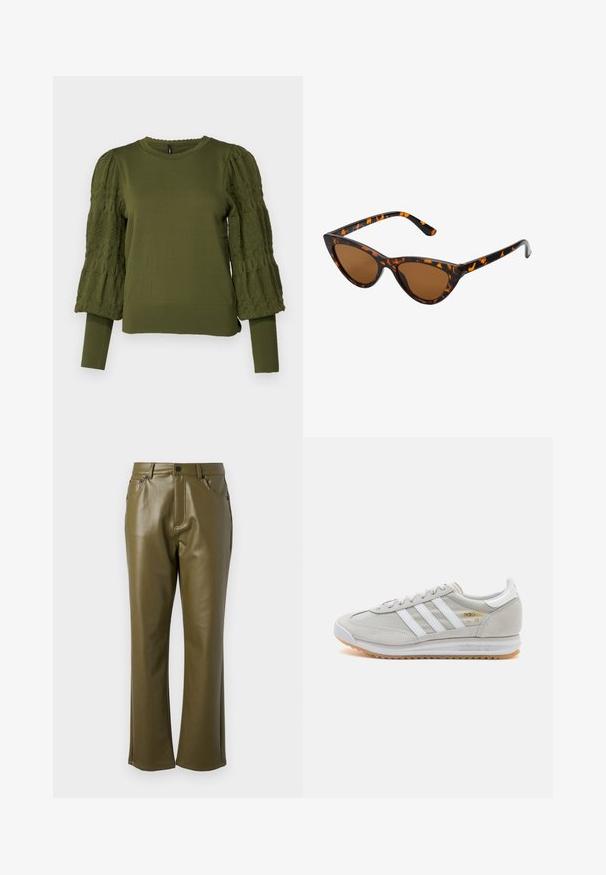 ONLY ONLMELITA O NECK - Džemperis - winter moss; Olive krāsas mākslīgās ādas bikses ar taisnu kāju dizainu. Iekļautas frontālās kabatas un rāvējslēdzēja apkakle ar metāla pogas aizdari. Gluda tekstūra.; Gaišpelēka kedas, izgatavotas no zamša un sieta, ar trim baltām svītrām, apaļu purngalu un gumijas zoli. Zelta logo akcenta detaļa blakus auklām.; Kaķa acs saulesbrilles ar melnu un oranžu bruņurupuču rakstu rāmi, brūnām lēcām un elegantiem, norādītiem galiem. Rāmī ir minimālists logos uz tempļa.