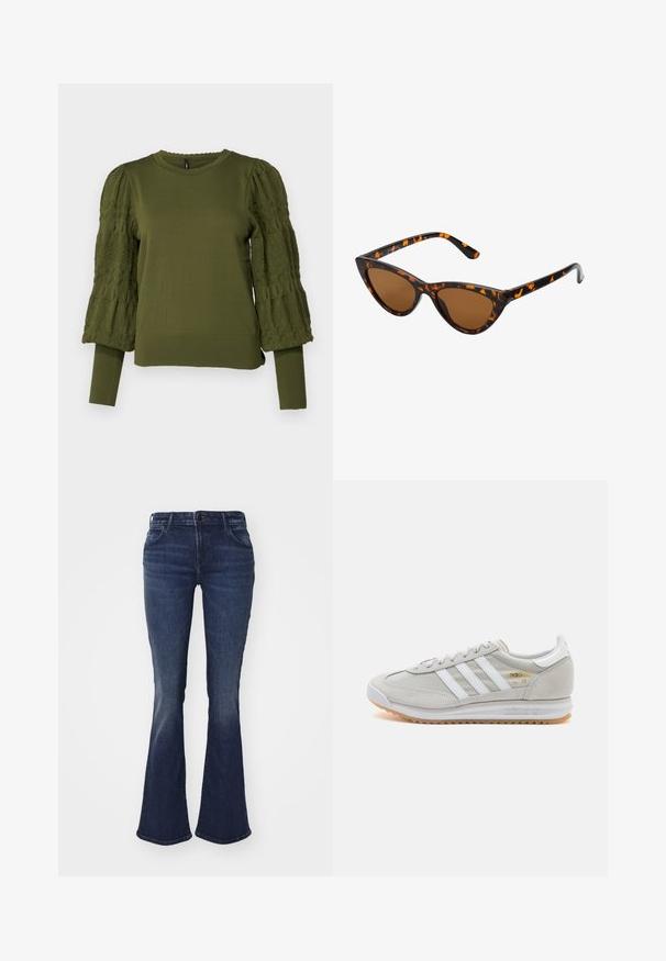 ONLY ONLMELITA O NECK - Jersey de punto - winter moss; Jeans acampanados de un azul oscuro, hechos de denim, con una cintura ajustada, diseño de cinco bolsillos y un ligero desgaste para dar textura en los muslos y las rodillas.; Zapatilla de color gris claro hecha de ante y malla, con tres franjas blancas, punta redonda y suela de goma. Acento en logo dorado cerca de los cordones.; Gafas de sol estilo ojo de gato con montura de carey negra y naranja, lentes marrones y puntas elegantes y afiladas. Presenta un logo minimalista en la patilla.; Mujer con cabello largo y oscuro vestida con un traje negro, llevando un bolso de cuero negro al hombro, mirando por encima de su hombro contra un fondo blanco.