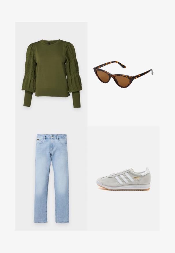 ONLY ONLMELITA O NECK - Pulover - winter moss; Svijetloplave ravne traperice iz denima; imaju prednje kopčanje na gumb, klasičan dizajn s pet džepova i blago izblijeđenu teksturu.; Svetlo sivi tenisice od antilopa i mrežaste tkanine, s tri bijele pruge, okruglim vrhom i gumenim potplatom. Zlatni logo akcent blizu vezica.; Mačje oči sončna očala z okvirom v črno-oranžni želvej ohišji, rjavimi lečami in elegantnimi, ostrimi konicami. Imajo minimalistični logo na ročaju.