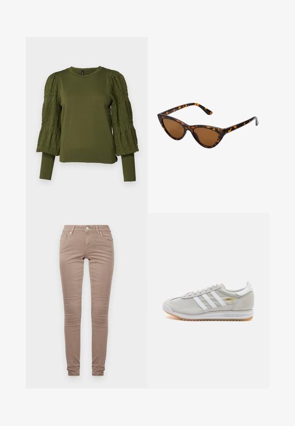 ONLY ONLMELITA O NECK - Svetrík - winter moss; Chudé nohavice z svetlohnedého materiálu, s klasickým päťvreckovým dizajnom, zipsom a jemným textúrovaným povrchom.; Svetlosivé tenisky vyrobené z kože a sieťoviny, s tromi bielymi pruhmi, okrúhlou špičkou a gumovou podrážkou. Zlatý logový akcent pri šnúrkach.; Mačacie slnečné okuliare s čiernym a oranžovým želvovinovým rámom, hnedými sklami a elegantnými, špicatými koncami. Obsahujú minimalistické logo na spánku.