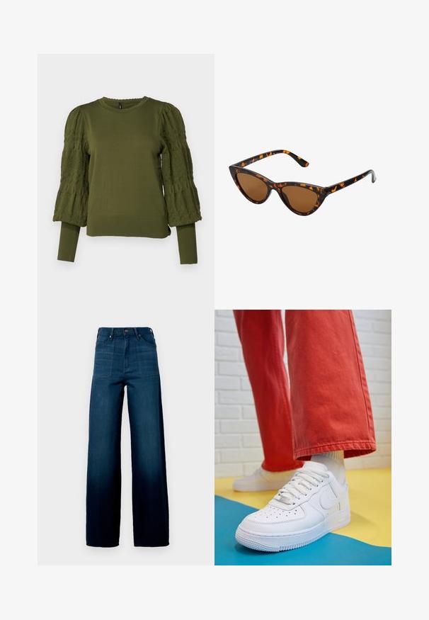 ONLY ONLMELITA O NECK - Džemperis - winter moss; Plati džinsai iš džinsinio audinio, su aukštu liemeniu, dviem priekinėmis kišenėmis ir lygiu paviršiumi, turintys tamsiai mėlyną atspalvį.; Baltos odinės kedų sportbačiai su perforuotu pirštu, tekstūruota pado dalimi ir baltais raišteliais, derinami su plačiomis raudonomis kelnėmis ir mėlynos bei geltonos spalvų fono kompozicija.; Katės akies saulės akiniai su juodu ir oranžiniu šarvuotu rėmeliu, ruda objektyvu ir elegantiškais, smailiais galiukais. Rėmelyje yra minimalus logotipas ant šventės.