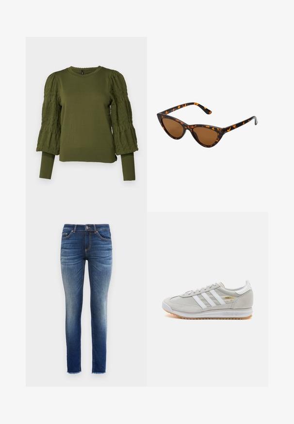 ONLY ONLMELITA O NECK - Vesta - winter moss; Uske pametne traperice sa gradientnim pranje od tamnoplave do svijetloplave, dizajn s pet džepova i oštećeni donji rub na gležnjevima.; Svijetlosivi tenisice od antilopa i mrežice, s tri bijele pruge, okruglim vrhom i gumenom potplatom. Zlatni logo akcent blizu vezica.; Sunglasses u obliku mačjih očiju s okvirom u crno-narančastom kornjačevom uzorku, smešnim lećama i elegatnim, šiljastim vrhovima. Sadrži minimalni logo na dršci.