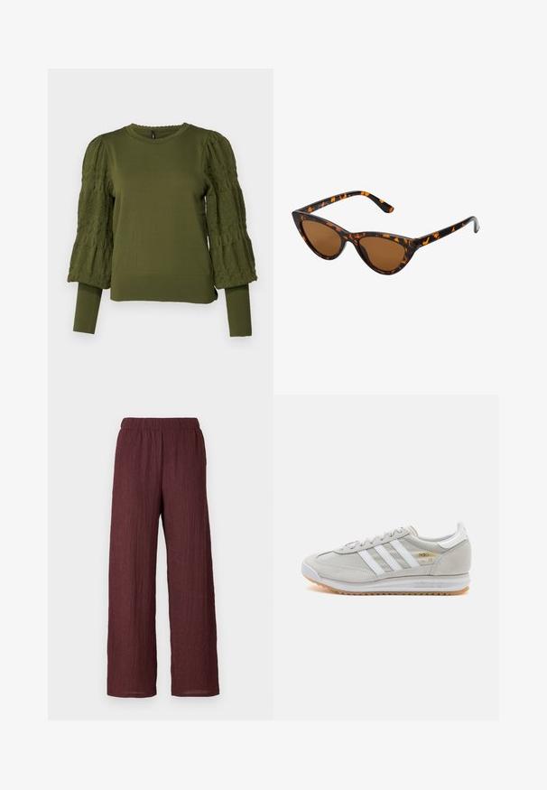 ONLY ONLMELITA O NECK - Pulover - winter moss; Burgundske široke hlače iz teksturiranega, gubastega blaga. Imajo elastičen pas in padajo naravnost do gležnja.; Svetlo sivi tenisice od antilopa i mrežaste tkanine, s tri bijele pruge, okruglim vrhom i gumenim potplatom. Zlatni logo akcent blizu vezica.; Mačje oči sončna očala z okvirom v črno-oranžni želvej ohišji, rjavimi lečami in elegantnimi, ostrimi konicami. Imajo minimalistični logo na ročaju.