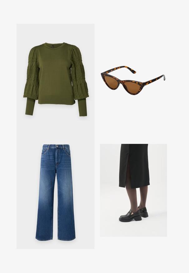 ONLY ONLMELITA O NECK - Džemperis - winter moss; Plačios kojų džinsai vidutinio mėlynumo, su penkių kišenių dizainu, sagų uždarymu ir subtiliu blukimu ant šlaunų tekstūrai.; Juodos odinės bateliai su apvaliu nosiu, stora blokine pakulne ir elastingais šonais, derinami su tamsiomis pėdkelnėmis ir juoda sijonu su plyšiu.; Katės akies saulės akiniai su juodu ir oranžiniu šarvuotu rėmeliu, ruda objektyvu ir elegantiškais, smailiais galiukais. Rėmelyje yra minimalus logotipas ant šventės.; Sidabrinės pusmėnulio auskarai minimalistiniu dizainu. Apskritimo forma, lygus paviršius ir plonas profilis. Lengvi su poliruotu apdailu.