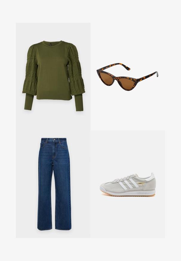 ONLY ONLMELITA O NECK - Jersey de punto - winter moss; Jeans de pierna ancha de color azul oscuro, fabricados en denim, con una cintura alta, diseño de cinco bolsillos y costuras visibles a lo largo de las costuras.; Zapatilla de color gris claro hecha de ante y malla, con tres franjas blancas, punta redonda y suela de goma. Acento en logo dorado cerca de los cordones.; Gafas de sol estilo ojo de gato con montura de carey negra y naranja, lentes marrones y puntas elegantes y afiladas. Presenta un logo minimalista en la patilla.