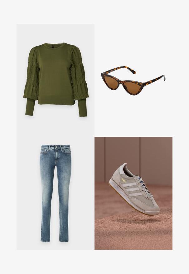 ONLY ONLMELITA O NECK - Vesta - winter moss; Traperice ravnog kroja u svjetloj do srednje plavoj pranju. Imaju pet džepova, zatvaranje na gumb i blago izbjeljivanje na nogavicama.; Bež tenisice s gornjim dijelom od brušene kože i mrežaste tkanine, bijele tri pruge, đon od gumenog materijala boje gume, plave vezice i zlatni detalj logotipa. Klasični retro dizajn.; Sunglasses u obliku mačjih očiju s okvirom u crno-narančastom kornjačevom uzorku, smešnim lećama i elegatnim, šiljastim vrhovima. Sadrži minimalni logo na dršci.