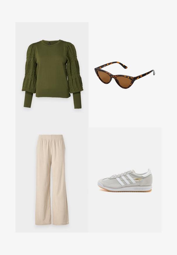 ONLY ONLMELITA O NECK - Pullover - winter moss; Pantalons larges en velours côtelé beige avec une taille élastique et une texture à côtes verticales, présentant un ourlet qui s'évase doucement au bas.; Basket en cuir suédé et mesh gris clair, avec trois bandes blanches, bout rond et semelle en caoutchouc naturel. Accent logo doré près des lacets.; Lunettes de soleil style œil de chat avec une monture en écaille de tortue noire et orange, verres marron et pointes effilées et élégantes. Présente un logo minimaliste sur la branche.