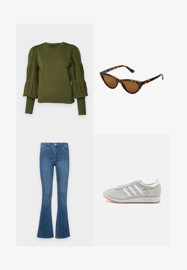ONLY ONLMELITA O NECK - Jumper - winter moss; Flared blue denim jeans with a medium wash, five-pocket design, sturdy stitching, and a front closure featuring a metallic button.; Light grey sneaker made of suede and mesh, featuring three white stripes, round toe, and a gum rubber sole. Gold logo accent near laces.; Cat-eye sunglasses with a black and orange tortoiseshell frame, brown lenses, and sleek, pointed tips. Features a minimal logo on the temple.