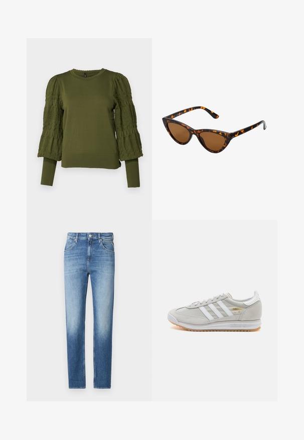 ONLY ONLMELITA O NECK - Camisola - winter moss; Jeans de ganga azul claro com um corte reto, textura desbotada, cinco bolsos e um fecho de botão na cintura. Detalhe de costura distinto.; Sapatilha cinza clara feita de camurça e malha, com três riscas brancas, bico redondo e sola de borracha de goma. Detalhe do logótipo dourado junto aos atacadores.; Óculos de sol estilo gato com uma armação em tartaruga preta e laranja, lentes castanhas e pontas elegantes e pontiagudas. Apresenta um logo minimalista na haste.