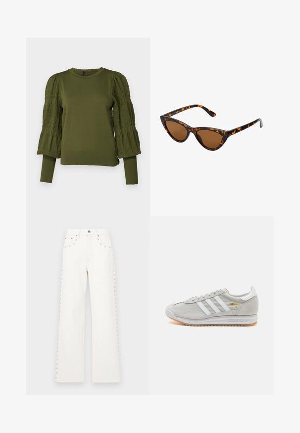ONLY ONLMELITA O NECK - Pulóver - winter moss; Fehér denevér széles szárú farmer, oldalán és elöl szegecses díszítéssel, gombos záródással. Erősített zsebek és klasszikus szabás jellemzi.; Világosszürke sportcipő velúr és hálós anyagból, három fehér csíkkal, kerek orral és gumi talppal. Arany logó dísz a fűzők közelében.; Cica szemüveg fekete és narancssárga teknőc pánttal, barna lencsékkel és sima, hegyes végekkel. A templomán egy minimalista logó található.