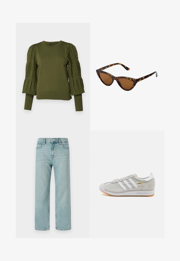 ONLY ONLMELITA O NECK - Džemperis - winter moss; Gaiši zili platās kājas džinsi, izgatavoti no denima, ar klasisku piecu kabatu dizainu, tīrām līnijām un regulāru vidukli ar pogu aizdari.; Gaišpelēka kedas, izgatavotas no zamša un sieta, ar trim baltām svītrām, apaļu purngalu un gumijas zoli. Zelta logo akcenta detaļa blakus auklām.; Kaķa acs saulesbrilles ar melnu un oranžu bruņurupuču rakstu rāmi, brūnām lēcām un elegantiem, norādītiem galiem. Rāmī ir minimālists logos uz tempļa.
