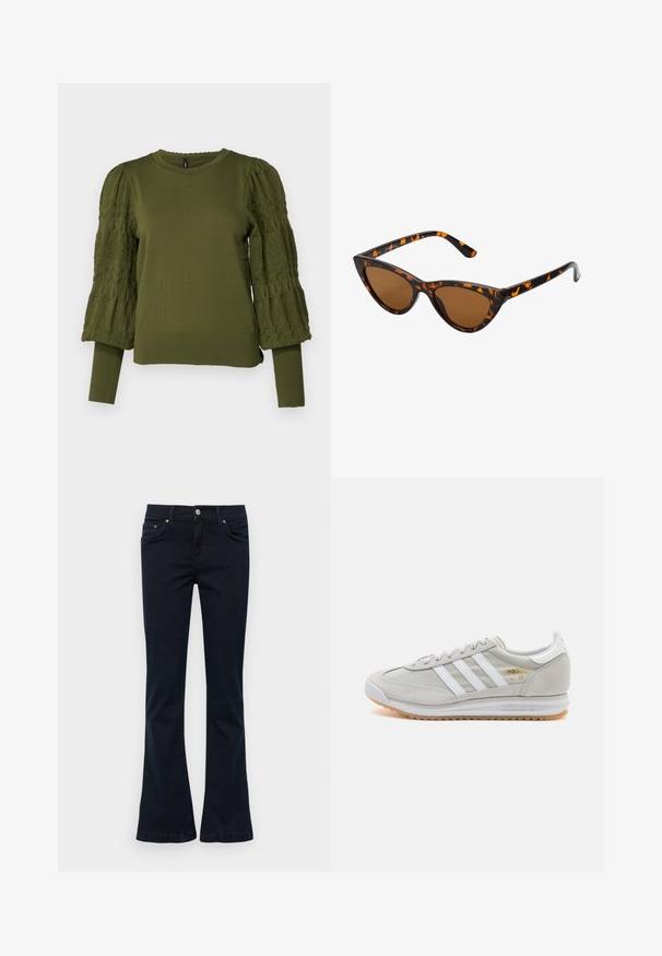 ONLY ONLMELITA O NECK - Džemperis - winter moss; Tumšu džinsu audumu izgatavoti flared džinsi ar gludu tekstūru. Iekļauj priekšējos kabatas, pogu aizdarē un šūtus apakšmala dekorus.; Gaišpelēka kedas, izgatavotas no zamša un sieta, ar trim baltām svītrām, apaļu purngalu un gumijas zoli. Zelta logo akcenta detaļa blakus auklām.; Kaķa acs saulesbrilles ar melnu un oranžu bruņurupuču rakstu rāmi, brūnām lēcām un elegantiem, norādītiem galiem. Rāmī ir minimālists logos uz tempļa.