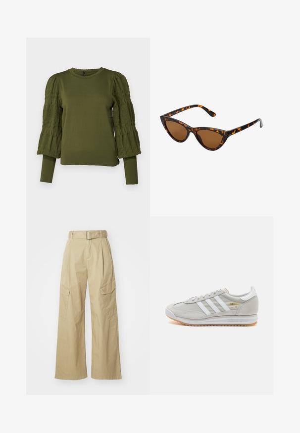 ONLY ONLMELITA O NECK - Jumper - winter moss; Beige cargo pants with a wide leg, made from lightweight fabric. Features a belted waist, two side pockets, and distinct front pleats.; Light grey sneaker made of suede and mesh, featuring three white stripes, round toe, and a gum rubber sole. Gold logo accent near laces.; Cat-eye sunglasses with a black and orange tortoiseshell frame, brown lenses, and sleek, pointed tips. Features a minimal logo on the temple.; Silver hoop earrings with a twisted design, featuring a polished finish and post-back closure. Measure approximately 3 cm in diameter.