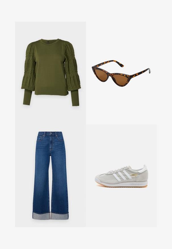ONLY ONLMELITA O NECK - Džemper - winter moss; Abercrombie & Fitch HEM 90S  RELAXED  - Avar lõikega teksad - dark blue denim; Heled hallid tossud, mis on valmistatud nubukist ja võrgust, millel on kolm valget triipu, ümmargune varvas ja kummist tald. Kuldne logoelement paelte lähedal.; Kassi vormiga prillid musta ja oranži kilpkonnakujulise raami, pruunide läätsede ja elegantsete teravate otstega. Templi juures on minimaalne logo.