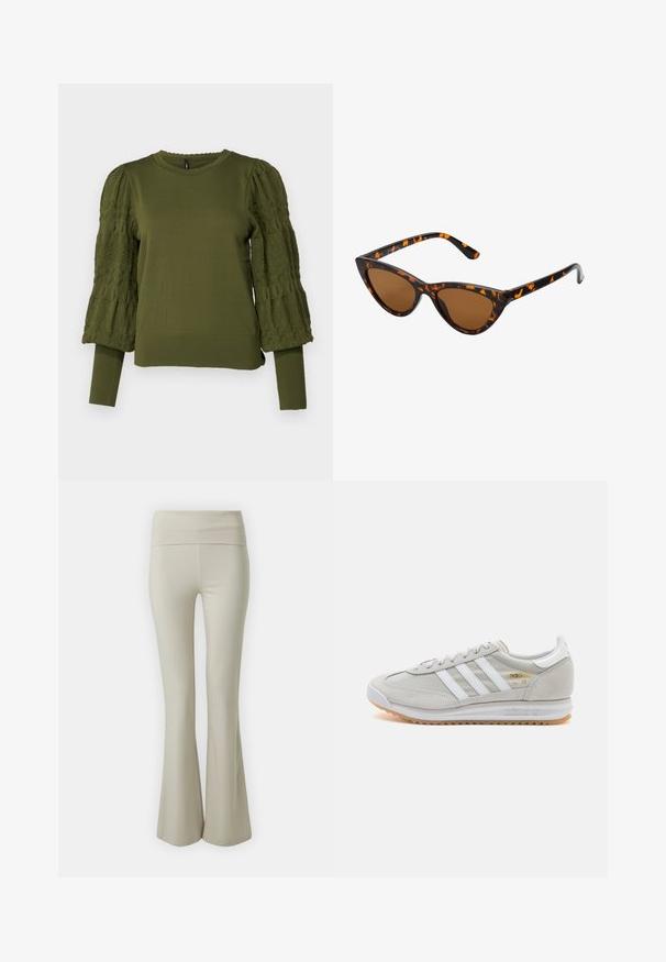 ONLY ONLMELITA khaki; Beżowe spodnie dzwony wykonane z miękkiego materiału, posiadające szeroki, elastyczny pas i gładką fakturę, zwężające się do rozszerzającego się dołu.; Jasnoszare sneakersy wykonane z zamszu i siateczki, z trzema białymi paskami, okrągłym noskiem i gumową podeszwą. Złoty akcent logo w pobliżu sznurowadeł.; Okulary przeciwsłoneczne w kształcie kocich oczu z czarno-pomarańczową oprawą w deseń żółwia, brązowymi soczewkami i eleganckimi, spiczastymi końcówkami. Posiadają minimalistyczne logo na zauszniku.