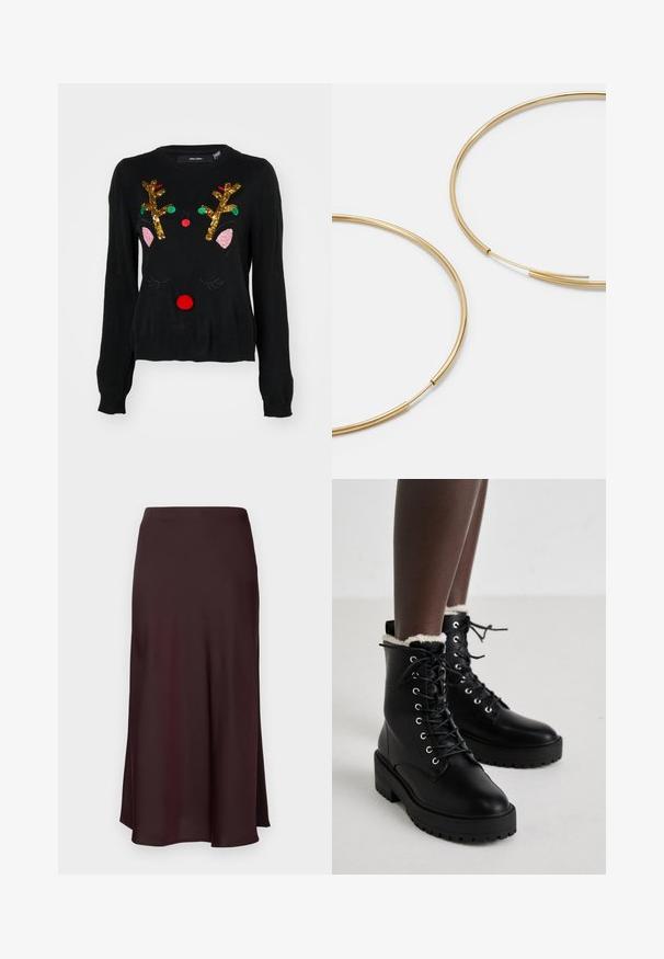 Suéter negro con un diseño de reno que cuenta con cuernos de lentejuelas doradas, detalles de orejas rosas, nariz de pom-pom roja y acentos de cuentas verdes y rojas.; Falda midi de satén burdeos con una textura suave, un ajuste recto y un dobladillo ligeramente acampanado. Sin patrones visibles ni detalles de hardware.; Botas de tobillo negras con cordones, suela gruesa y forro de felpa blanca, usadas por una persona que está de pie sobre un suelo claro.; Pendientes de aro color dorado, delgados y redondos, con un acabado metálico suave y sin adornos ni patrones.