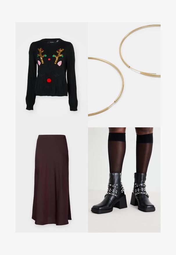 Černý svetr s motivem soba, zlatými flitrovými parohy, růžovými detaily na uších, červeným bambulovým nosem a zelenými a červenými korálky jako akcenty.; Burgundská saténová midi sukně s hladkou texturou, rovného střihu a mírně rozšířeným lemem. Bez viditelných vzorů či kovových detailů.; Černé ankle boty s robustním podpatkem, zdobené stříbrnými hroty a pásky, vyrobené z kůže s hladkou strukturou a se zapínáním na zip.; Zlaté kruhové náušnice, tenké a kulaté, s hladkým kovovým povrchem a bez zdobení či vzorů.