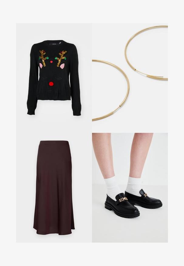 Černý svetr s motivem soba, zlatými flitrovými parohy, růžovými detaily na uších, červeným bambulovým nosem a zelenými a červenými korálky jako akcenty.; Burgundská saténová midi sukně s hladkou texturou, rovného střihu a mírně rozšířeným lemem. Bez viditelných vzorů či kovových detailů.; Černé kožené mokasíny s masivní podrážkou a zlatými kovovými detaily. Nosené s bílými bavlněnými ponožkami, které ukazují hladkou texturu a elegantní design.; Zlaté kruhové náušnice, tenké a kulaté, s hladkým kovovým povrchem a bez zdobení či vzorů.