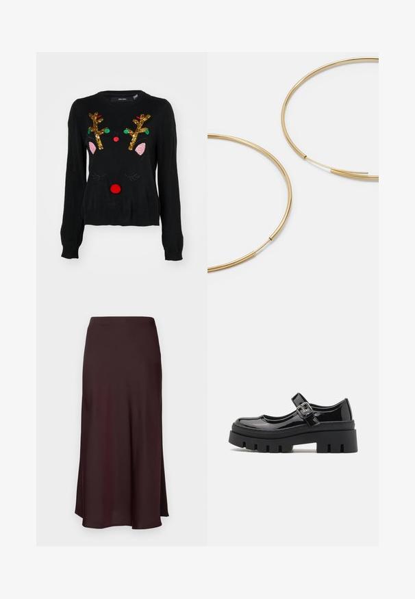 Suéter negro con un diseño de reno que cuenta con cuernos de lentejuelas doradas, detalles de orejas rosas, nariz de pom-pom roja y acentos de cuentas verdes y rojas.; Falda midi de satén burdeos con una textura suave, un ajuste recto y un dobladillo ligeramente acampanado. Sin patrones visibles ni detalles de hardware.; Even&Odd Zapatos de plataforma - black; Pendientes de aro color dorado, delgados y redondos, con un acabado metálico suave y sin adornos ni patrones.