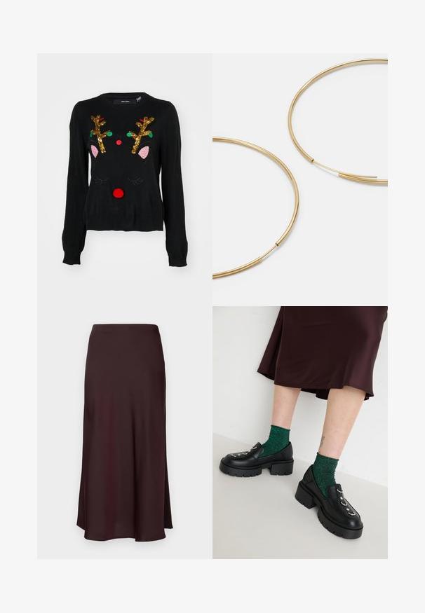 Zwarte trui met een rendierontwerp, gouden sequin-hoornen, roze oor details, een rode pomponneus en groene en rode kraal accenten.; Bordeaux satijnen midi rok met een gladde textuur, een rechte pasvorm en een iets uitgevoerde zoom. Geen zichtbare patronen of hardwaredetails.; Zwarte leren loafers met stevige zolen, zilveren hardware accenten en groene glanzende sokken. De rok is donker bordeaux en enkel-lang.; Gouden oorringen, dun en rond van vorm, met een gladde metallic afwerking en zonder versieringen of patronen.