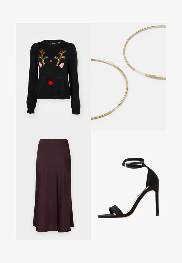 Juodas megztinis su elnio piešiniu, auksinėmis blizgučiais išsiuvinėtomis ragais, rožinėmis ausų detalėmis, raudonu pom-pomu nosimi ir žaliomis bei raudonomis karoliukų akcentais.; Bordo satino midi sijonas su lygiu paviršiumi, tiesiu siluetu ir šiek tiek platėjančiu apmušalu. Nėra matomų raštų ar detalių.; Juodi zomšiniai aukštakulniai šlepetės su paprastu dirželio dizainu, atvira kojų pirštų dalimi ir kulkšnis apimančiu dirželiu su sidabrine sagtimi.; Aukso spalvos žiedo auskarai, ploni ir apvalūs, su lygiu metaliniu paviršiumi be papuošimų ar raštų.