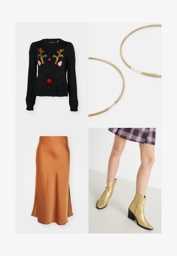 Mustaline, millel on põhjapõtrade kujundus, kullast pärlitega sarved, roosad kõrvad, punane pom-pom nina ning rohelised ja punased helmed.; Tammepunane satiinist midi seelik, millel on sile tekstuur, külgslitu ja kergelt lehviva äärisega, mis loob voolava silueti.; Kuldne metallist säärebootsid terava ninaga, tõmblukk ja plokknukk. Sile tekstuur, millel on tikitud detailid ja klassikaline kuju.; Kulla värvi nõelad, õhukesed ja ümmargused, millel on sile metallist pind ja ilma kaunistuste või mustriteta.