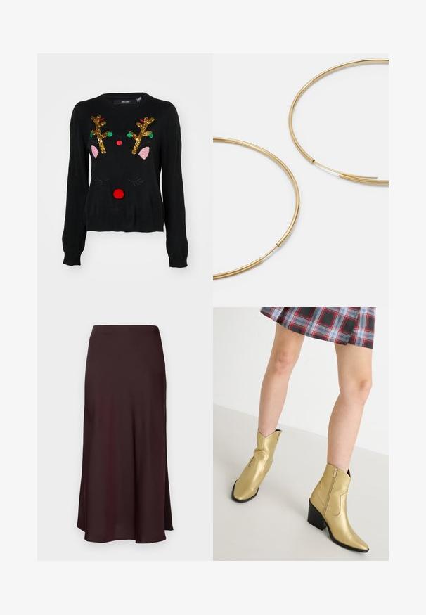 Black sweater featuring a reindeer design with golden sequin antlers, pink ear details, red pom-pom nose, and green, red bead accents.; Burgundy satin midi skirt with a smooth texture, a straight fit, and a slightly flared hem. No visible patterns or hardware details.; Gold metallic ankle boots with pointed toes, zip closure, and a block heel. Smooth texture with stitched accents and a classic shape.; Gold-colored hoop earrings, thin and round in shape, with a smooth metallic finish and no embellishments or patterns.