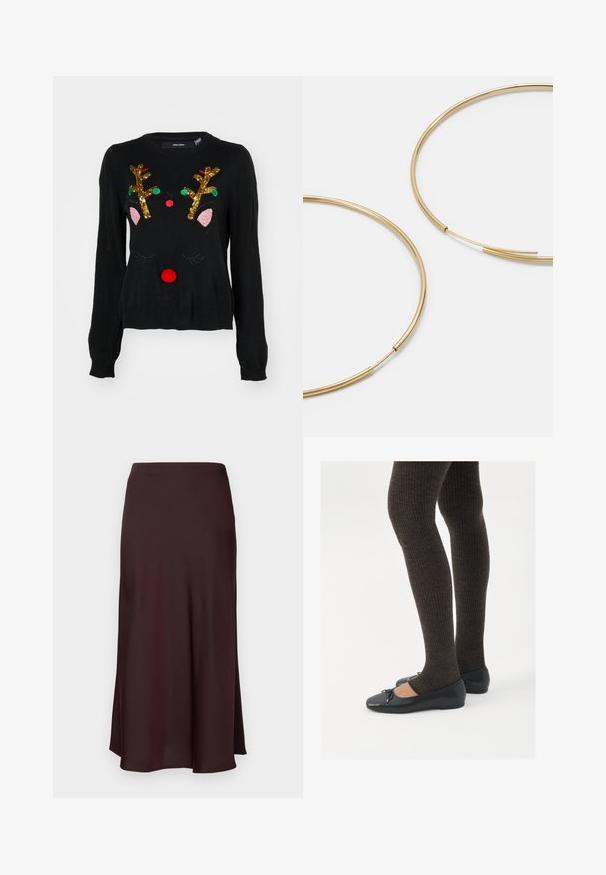 Juodas megztinis su elnio piešiniu, auksinėmis blizgučiais išsiuvinėtomis ragais, rožinėmis ausų detalėmis, raudonu pom-pomu nosimi ir žaliomis bei raudonomis karoliukų akcentais.; Bordo satino midi sijonas su lygiu paviršiumi, tiesiu siluetu ir šiek tiek platėjančiu apmušalu. Nėra matomų raštų ar detalių.; Juodos plokščios bateliai su maža kaspinėlio detale prie pirštų, derinami su tamsiai rudos spalvos raukšlėtomis pėdkelnėmis. Bateliai turi lygų paviršių ir žemą profilį.; Aukso spalvos žiedo auskarai, ploni ir apvalūs, su lygiu metaliniu paviršiumi be papuošimų ar raštų.