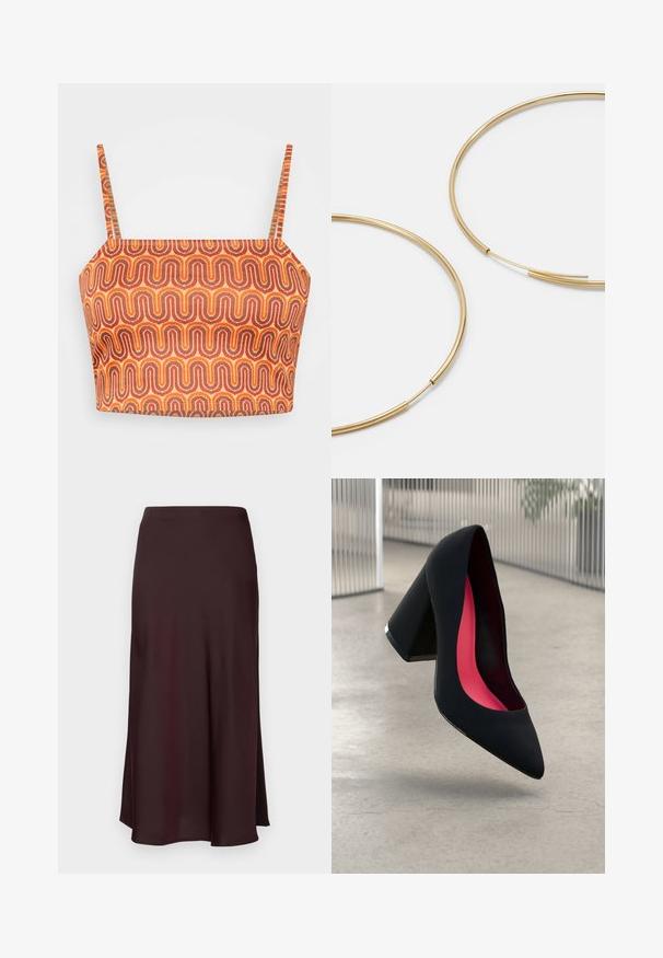 Černý svetr s motivem soba, zlatými flitrovými parohy, růžovými detaily na uších, červeným bambulovým nosem a zelenými a červenými korálky jako akcenty.; Pestrý zkrácený top s tenkými ramínky, který má vlnitý vzor v oranžové, červené a hnědé barvě na texturované tkanině.; Burgundská saténová midi sukně s hladkou texturou, rovného střihu a mírně rozšířeným lemem. Bez viditelných vzorů či kovových detailů.; Černá vysoká podpatková bota s špičatou špičkou, texturovaným povrchem a živým růžovým interiérem. Obsahuje masivní podpatek se stříbrným akcentem.; Zlaté kruhové náušnice, tenké a kulaté, s hladkým kovovým povrchem a bez zdobení či vzorů.