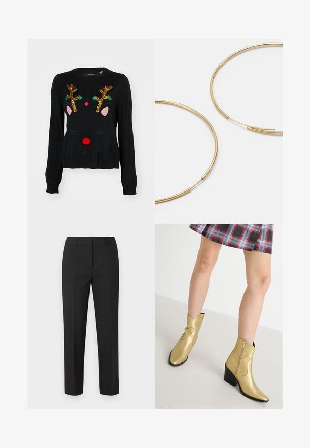 Czarny sweter z motywem renifera, z antylami pokrytymi złotymi cekinami, różowymi detalami na uszach, czerwonym nosem z pomponem oraz zielonymi i czerwonymi koralikami.; Czarne, dopasowane spodnie o prostym kroju nogawek, z gładkim przodem, bez widocznych ozdób. Wykonane z gładkiej tkaniny z wyraźnym wykończeniem.; Złote metaliczne botki za kostkę z ostrymi noskami, zamek błyskawiczny i blokowy obcas. Gładka tekstura z przeszywanymi akcentami oraz klasyczny kształt.; Złote kolczyki w kształcie cienkich okrągłych obręczy, o gładkim metalicznym wykończeniu, bez zdobień czy wzorów.