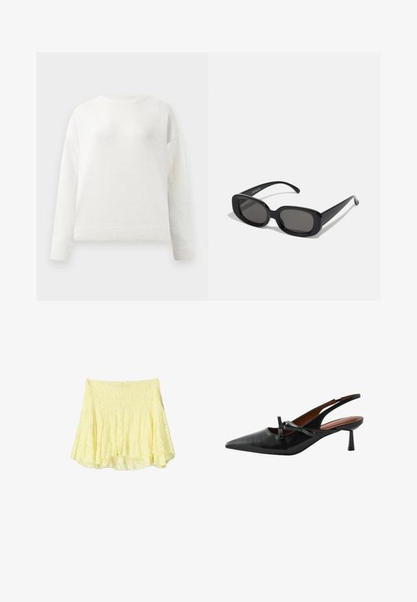 Hvid crewneck langærmet sweater med ribbede manchetter og kant, der har en blød, let fuzzy tekstur.; Gul udsvinget nederdel lavet af struktureret stof, der har et lagdelt design med en lidt ujævn kant. Let og luftig udseende.; Sorte læderslingback hæle med spids tå, lille sløjfedetalje og tapered hæl. Glat tekstur og minimalistisk design.; Sorte rektangulære solbriller med mørke linser. Tykt plastiklavet stel med glat overflade og afrundede kanter. Stilfulde stænger strækker sig udad.; Firkantet sølv- og guldtonet ur med en hvid urskive, guld timer markører og et vævet metalarmbånd i skiftende sølv- og guldled.