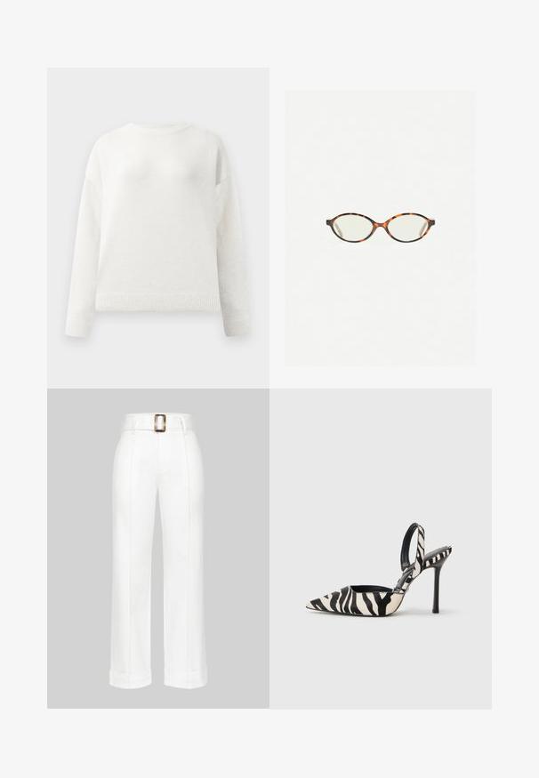 Pulover alb cu guler rotund și mâneci lungi, cu manșete și tiv cu nervuri, având o textură moale și ușor pufos.; Pantaloni albi cu picioare largi, din bumbac. Prezintă o talie înaltă cu o cataramă mare dreptunghiulară și detalii cusute pe lungimea picioarelor.; Cizma cu vârf ascuțit și spate descoperit, în imprimeu zebra alb-negru, având un toc subțire și înalt și un interior negru.; Ochelari cu ramă din tartan, cu lentile ovale și un finisaj elegant, neted. Prezintă margini subțiri cu o curbură subtilă la tâmple. Lentile clare.