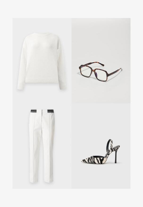 Hvid crewneck langærmet sweater med ribbede manchetter og kant, der har en blød, let fuzzy tekstur.; Marc Cain Bukser - white; Spids-syntetiske slingback hæle i sort og creme zebra-mønster, med en slank høj hæl og åben bagdesign med en sort inderside.; Skildpaddebriller med firkantede rammer, klare linser og slanke stænger med en diskret logodetalje. Mat og blank finish.; Anna Field LEATHER - Handsker - black