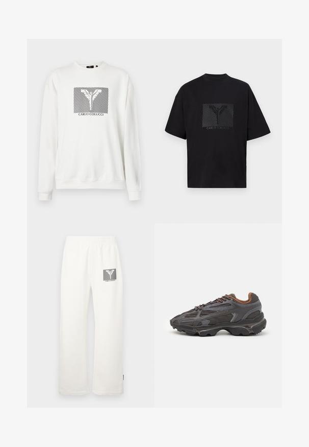 Hvit hettegenser med grafikk av diagonal svarte striper og et blomsterdesign, med "CARLO COLUCCI"-tekst under. Standard passform.; Svart bomulls T-skjorte med et kvadratisk grafisk design av et mønstrete 'Y' og teksten "CARLO COLUCCI" i svart. Kortskaft og avslappet passform.; Hvit bomullssvetter med elastisk midjebånd, med en grafisk logo-patch i svart og grått på venstre side.; Lacoste-sneakers i mørkegrått med mesh- og syntetisk materiale, med en teksturert såle og brune detaljer på kragen og merket.