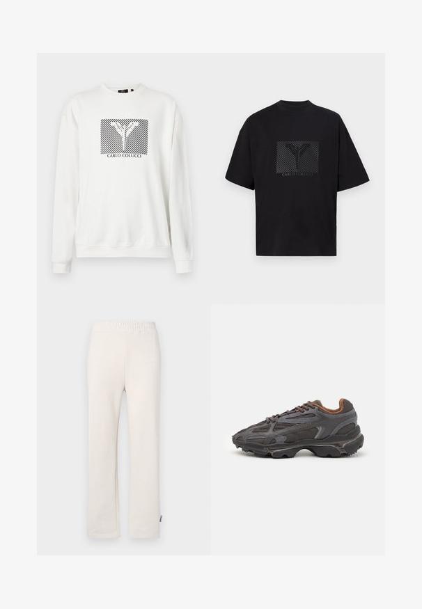 Biała bluza z grafiką w diagonalne czarne paski oraz kwiatowym wzorem, z napisem "CARLO COLUCCI" poniżej. Standardowy krój.; Czarna bawełniana koszulka z krótkim rękawem, z luźnym krojem, z kwadratową grafiką z wzorzystym 'Y' oraz napisem "CARLO COLUCCI" w czerni.; Beżowe bawełniane spodnie dresowe z elastycznym paskiem i wyszywanym logo. Prosty krój nogawki z gładką teksturą i subtelnymi detalami stębnowania.; Sneakers Lacoste w ciemnoszarym kolorze, wykonane z siateczki i materiału syntetycznego, z teksturowaną podeszwą oraz brązowymi akcentami na kołnierzu i logotypie.