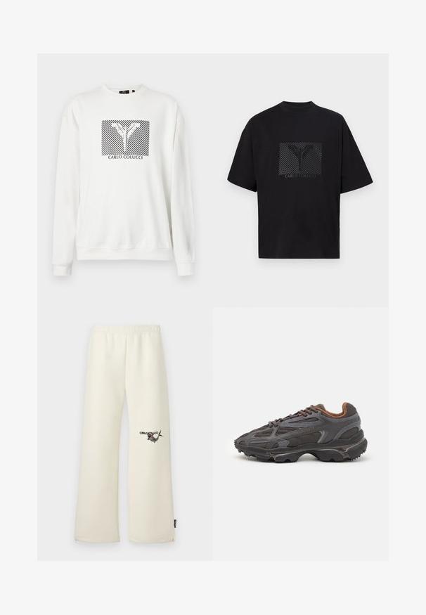 Hvit hettegenser med grafikk av diagonal svarte striper og et blomsterdesign, med "CARLO COLUCCI"-tekst under. Standard passform.; Svart bomulls T-skjorte med et kvadratisk grafisk design av et mønstrete 'Y' og teksten "CARLO COLUCCI" i svart. Kortskaft og avslappet passform.; Kremfargede joggebukser med avslappet passform, elastisk midje og sidelommer. Har et trykt design på venstre lår.; Lacoste-sneakers i mørkegrått med mesh- og syntetisk materiale, med en teksturert såle og brune detaljer på kragen og merket.