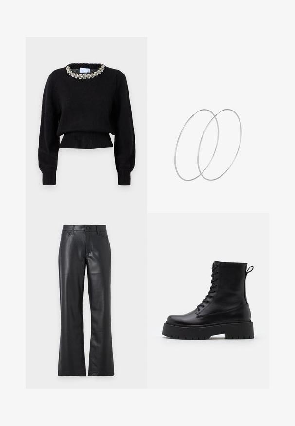 Černý zkrácený svetr vyrobený z pleteniny, s dlouhými rukávy a ozdobným límcem s korálky. Ribbed cuffs and hem.; Černé kožené kalhoty se zvonovým střihem, s předními kapsami, poutky na opasek a knoflíkovým zapínáním. Hladká textura s viditelným šitím.; Černé kožené kotníkové boty s kulatou špičkou, šněrováním na přední straně a silnou gumovou podešví s texturovaným vzorkem. S poutkem vzadu.; Stříbrné kruhové náušnice s minimalistickým designem. Kruh, hladký povrch a tenký profil. Lehká konstrukce s lesklým povrchem.