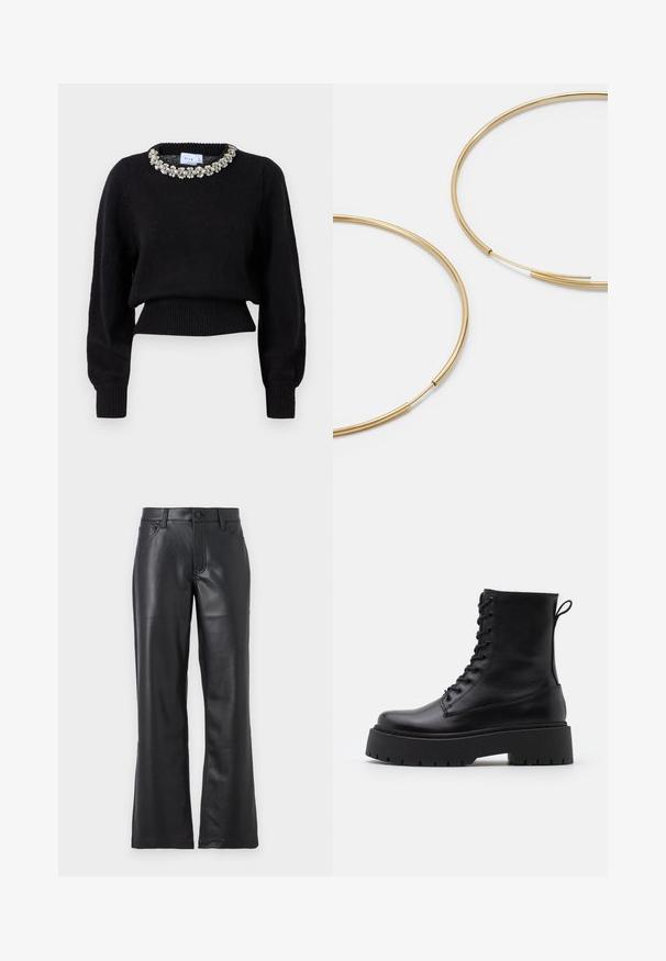 Maglione corto nero realizzato in tessuto a maglia, con maniche lunghe e un colletto decorativo con perline. Polsini e orlo a coste.; Pantaloni in pelle nera con design a zampa d'elefante, dotati di tasche frontali, passanti per cintura e chiusura a bottone. Texture liscia con cuciture visibili.; Stivaletti in pelle nera alla caviglia con punta rotonda, lace-up frontale e suola in gomma spessa con battistrada textured. Tassello sul retro.; Orecchini a cerchio color oro, sottili e rotondi, con una finitura metallica liscia e senza decorazioni o motivi.