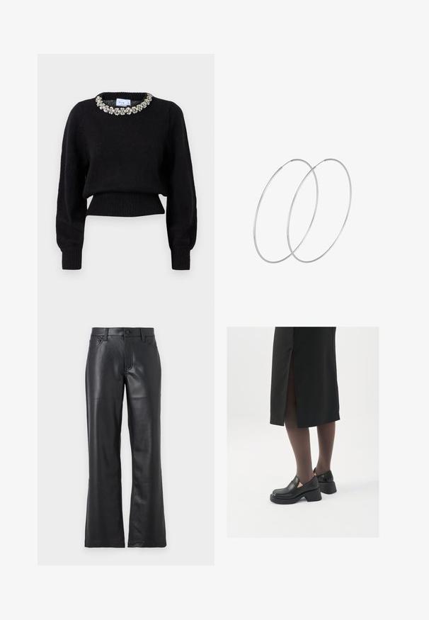 Mustern mustra; mustekat; paenef poelmustettarga viskin, kiemem müda segiise, ludd ja aekam ette. Poonga ribbed varddal meest ja äärjoon.; Mustast nahkased püksid flared kujundusega, ees on taskud, vöökohtade jaoks silmad ja nupuga kinnitamine. Sile tekstuur koos nähtavate õmblustega.; Mustad mustad jalatsid ümmarguse varbaga, paksu plokkniidi ja elastsete külgdetailidega, kombineeritud tumedate sukkade ja musta lõhikuga seelikuga.; Hõbedased rõngastikkaehingad minimalistlikus disainis. Ümar kuju, sile tekstuur ja õhuke profiil. Kerged ning poleeritud viimistlusega.