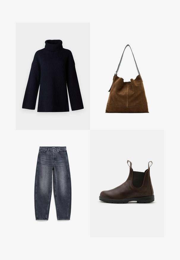 Navy blauwe coltrui met geribbelde textuur, brede mouwen en een ontspannen pasvorm. Zacht materiaal en minimalistisch ontwerp.; Donkergrijze, hoogtailll jeans van denim met een losse pasvorm. Bevat vijf zakken, een knoopsluiting en subtiele vervagingseffecten voor textuur.; Bruine leren enkellaars met elastische zijkanten, trekriempjes en een getextureerde rubberen zool. Heeft een slank, rond te ontwerp.; Bruine suede emmer tas met een zwarte leren schouderriem, met een zachte silhouette en naaddetail aan de onderkant.