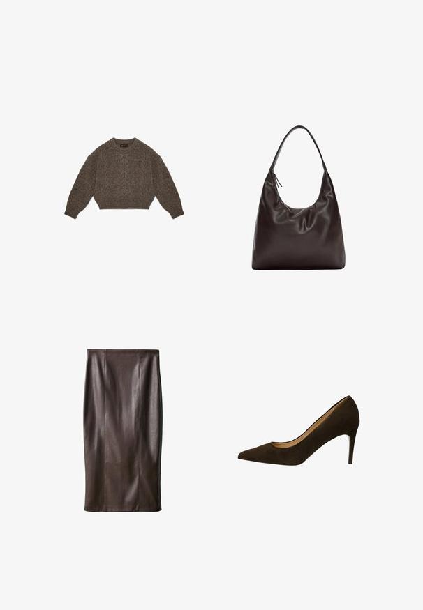 Maglione marrone lavorato a maglia con design cropped, motivo a trecce e polsi ribattuti. Presenta un collo rotondo e una texture morbida.; Gonna a matita in pelle marrone con una texture liscia, lunga fino al ginocchio, caratterizzata da cuciture verticali per il design. Senza accessori o dettagli aggiuntivi.; Pumps in suede marrone con tacco alto, punta affusolata, texture liscia e tacco stiletto sottile. Design semplice senza elementi hardware visibili.; Borsa a spalla in pelle marrone con un design morbido e slouchy. La borsa presenta una tracolla ampia e una forma minimalistica, completata da una texture sottile.