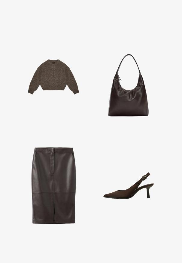 Maglione marrone lavorato a maglia con design cropped, motivo a trecce e polsi ribattuti. Presenta un collo rotondo e una texture morbida.; Gonna a matita in pelle marrone con una superficie liscia, spacco frontale e due tasche laterali; design aderente con dettagli cuciti.; Décolleté in suede marrone con punta affusolata, design elegante, tacco sottile e dettaglio con fibbia sul cinturino alla caviglia.; Borsa a spalla in pelle marrone con un design morbido e slouchy. La borsa presenta una tracolla ampia e una forma minimalistica, completata da una texture sottile.