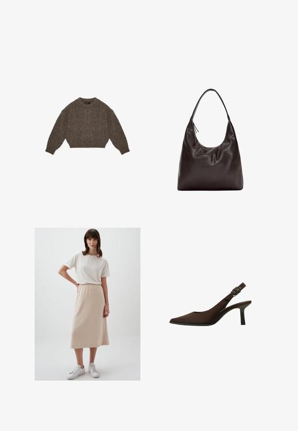Brauner Strickpullover mit einem cropped Design, Zopfmuster und gerippten Bündchen. Verfügt über einen runden Ausschnitt und eine weiche Textur.; Jimmy Key BASIC COMFORTABLE MIDI SKIRT - A-Linien-Rock - bej-130; Braun Wildleder Slingback-Pumps mit spitzem Zeh, schlankem Design, dünnem Absatz und einer Schnallenakzent auf dem Knöchelriemen.; Braune Leder-Schultertasche mit einem weichen, lässigen Design. Die Tasche verfügt über einen breiten Riemen und eine minimalistische Form, die durch eine subtile Textur ergänzt wird.