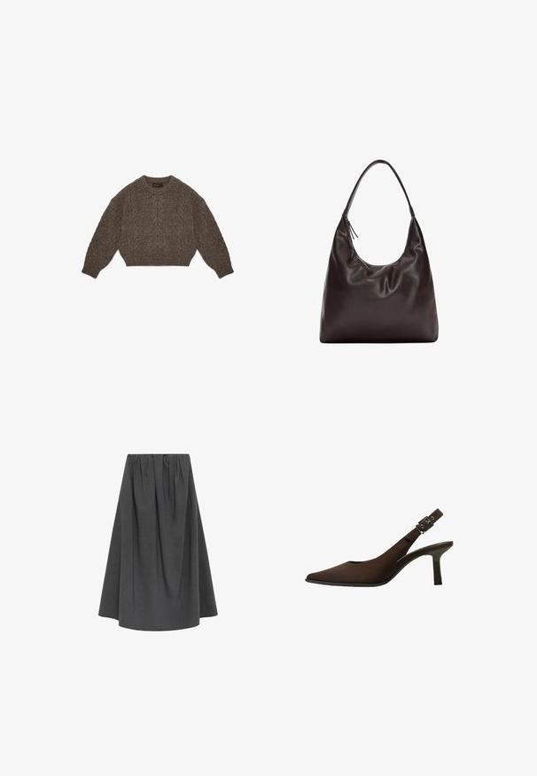 Brown knitted sweater with a cropped design, cable pattern, and ribbed cuffs. Features a round neckline and soft texture.; Grey, knee-length skirt made from a textured fabric; features an elastic waistband and pleated design for volume and shape.; Brown suede slingback pump with a pointed toe, sleek design, thin heel, and a buckle accent on the ankle strap.; Brown leather shoulder bag with a soft, slouchy design. The bag features a wide strap and minimalistic shape, complemented by subtle texture.