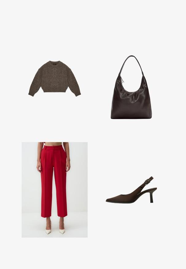 Pull en maille marron avec un design court, motif de câble et poignets côtelés. Présente un col rond et une texture douce.; Pantalons ajustés rouges avec taille haute, devant plissé, jambes droites et texture de tissu lisse. Portés avec des talons aiguilles blancs.; Escarpin slingback en daim marron avec un bout pointu, un design épuré, un talon fin et un accent de boucle sur la bride de cheville.; Sac à épaule en cuir marron au design souple et décontracté. Le sac dispose d'une large bandoulière et d'une forme minimaliste, agrémentée d'une texture subtile.